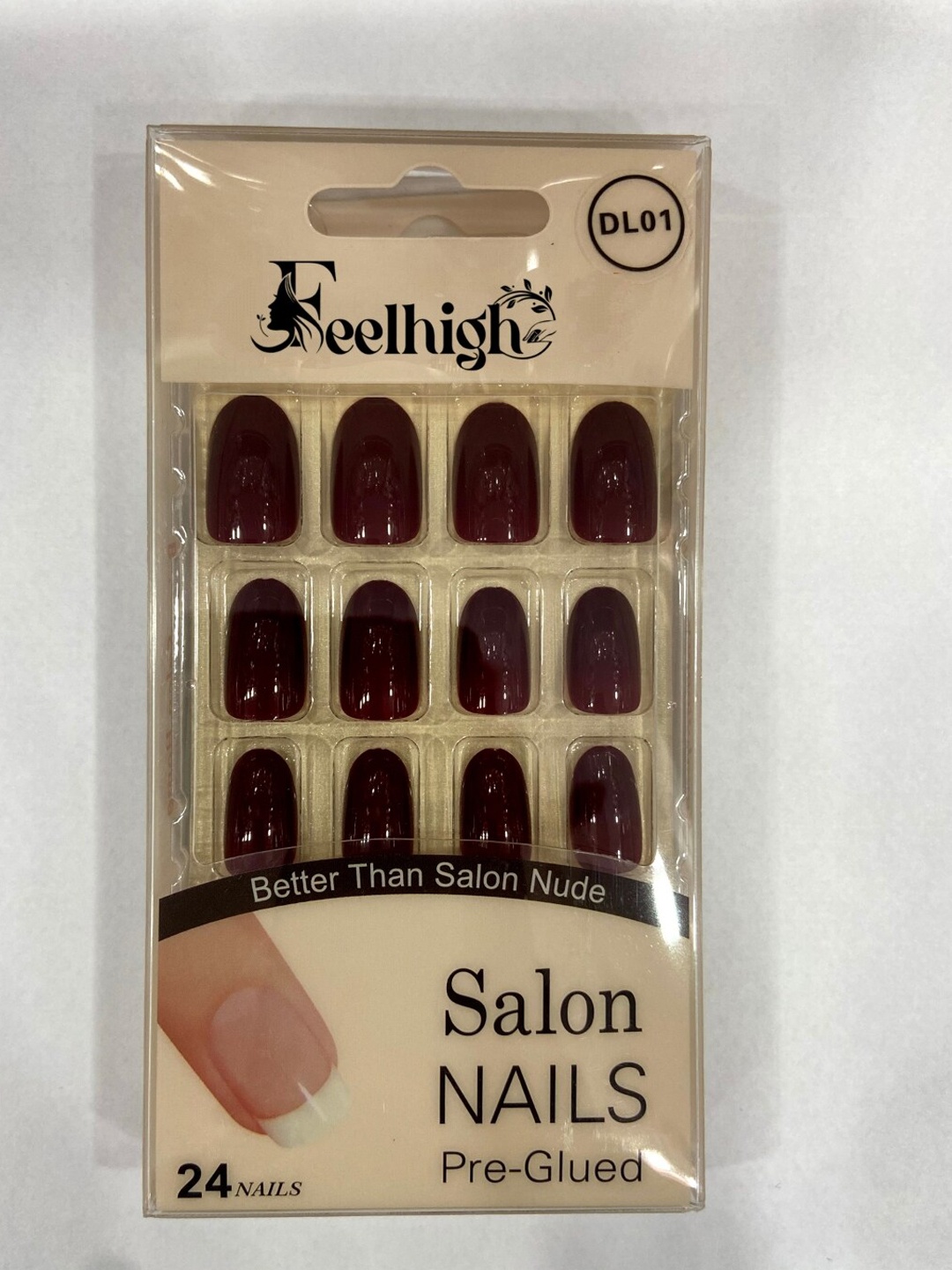 

FEELHIGH 24Pcs Pre Glued Press On Artificial Nails - DL01, Maroon