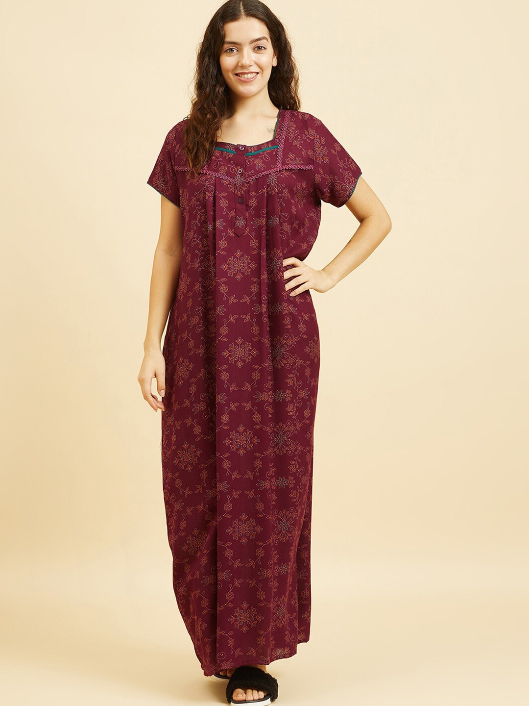 

Sweet Dreams Floral Printed Square Neck Pure Cotton Maxi Nightdress, Maroon