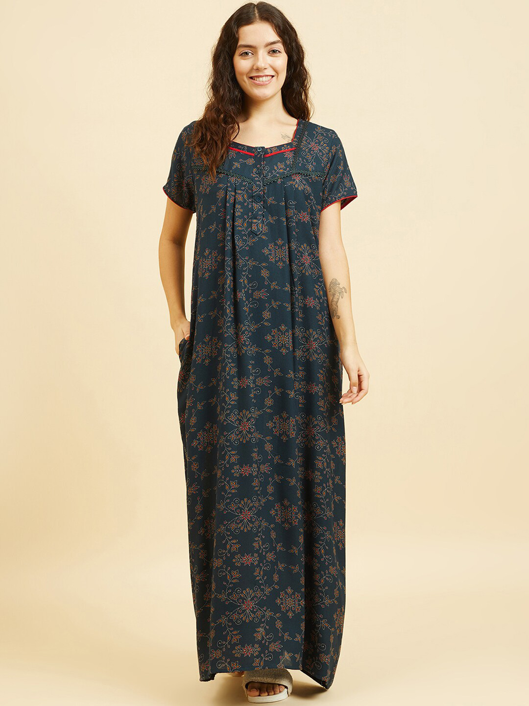 

Sweet Dreams Floral Printed Square Neck Pure Cotton Maxi Nightdress, Green