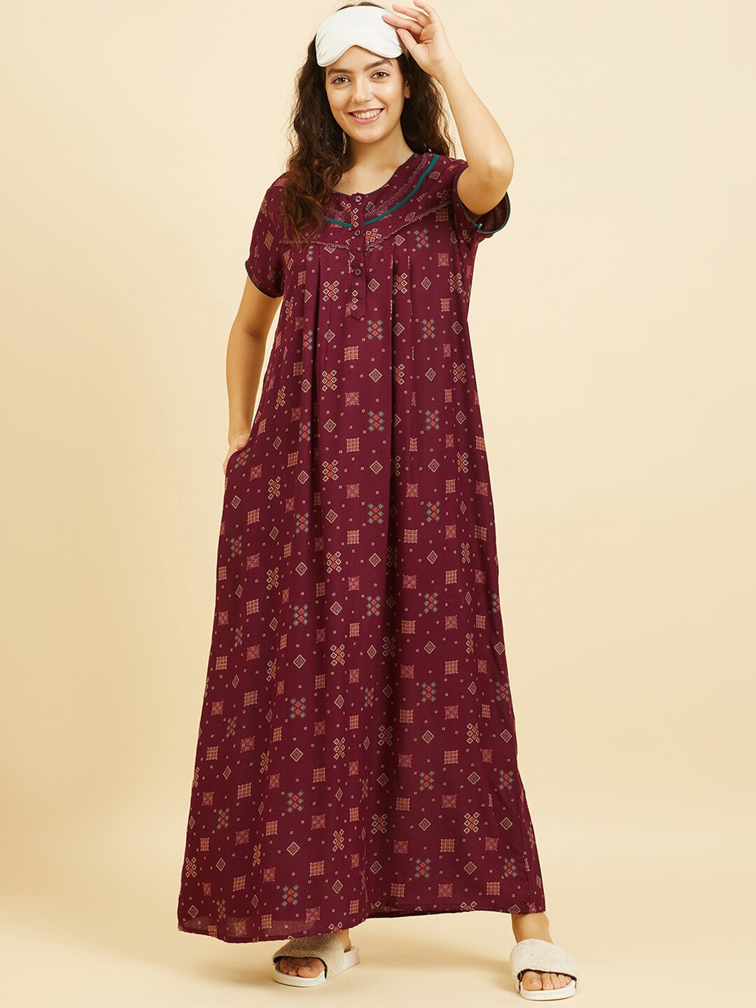 

Sweet Dreams Geometric Printed Square Neck Pure Cotton Maxi Nightdress, Maroon