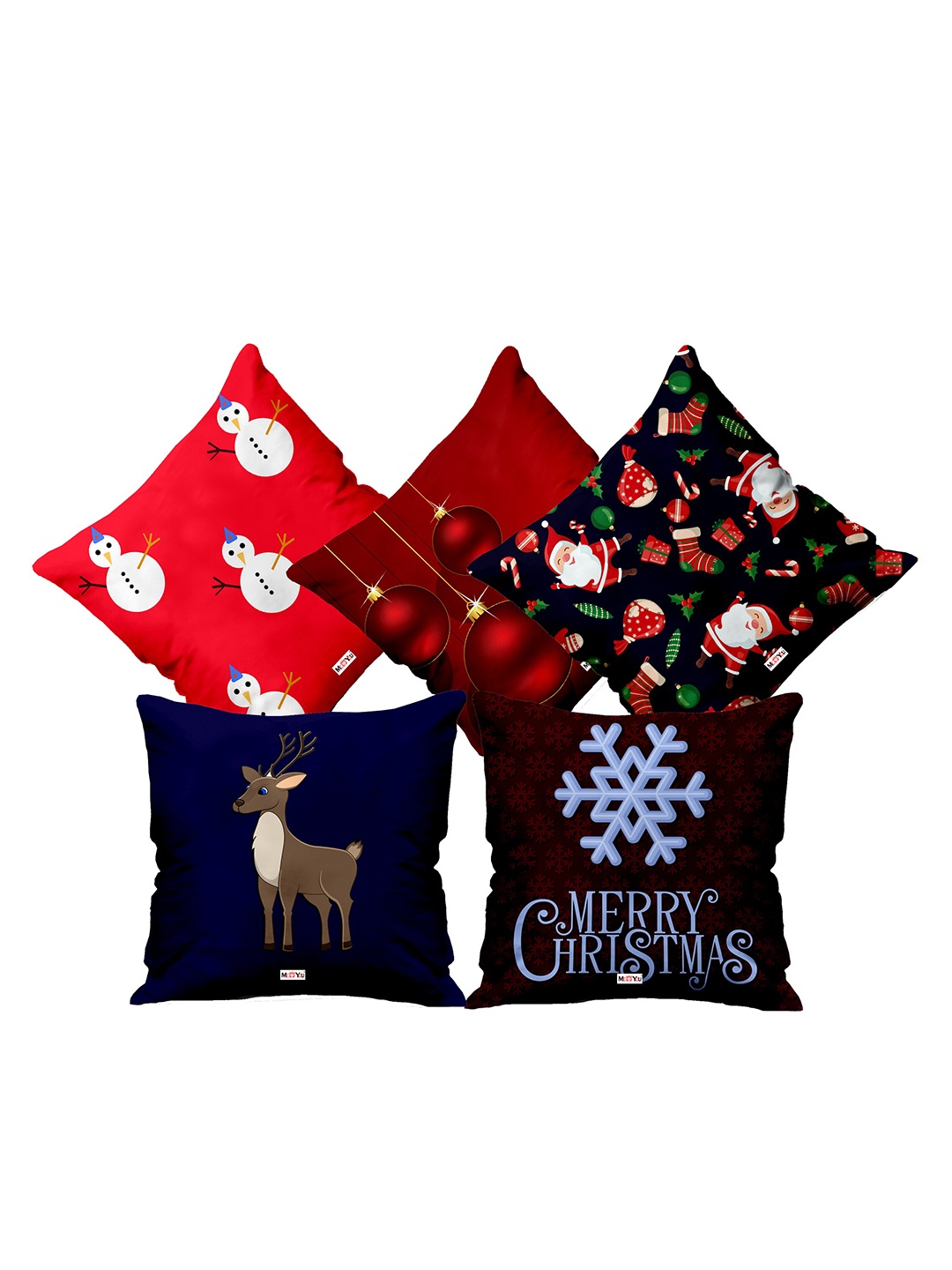 

ME & YOU Navy Blue & Red 5 Pieces Christmas Printed Fibre Filling Square Cushion