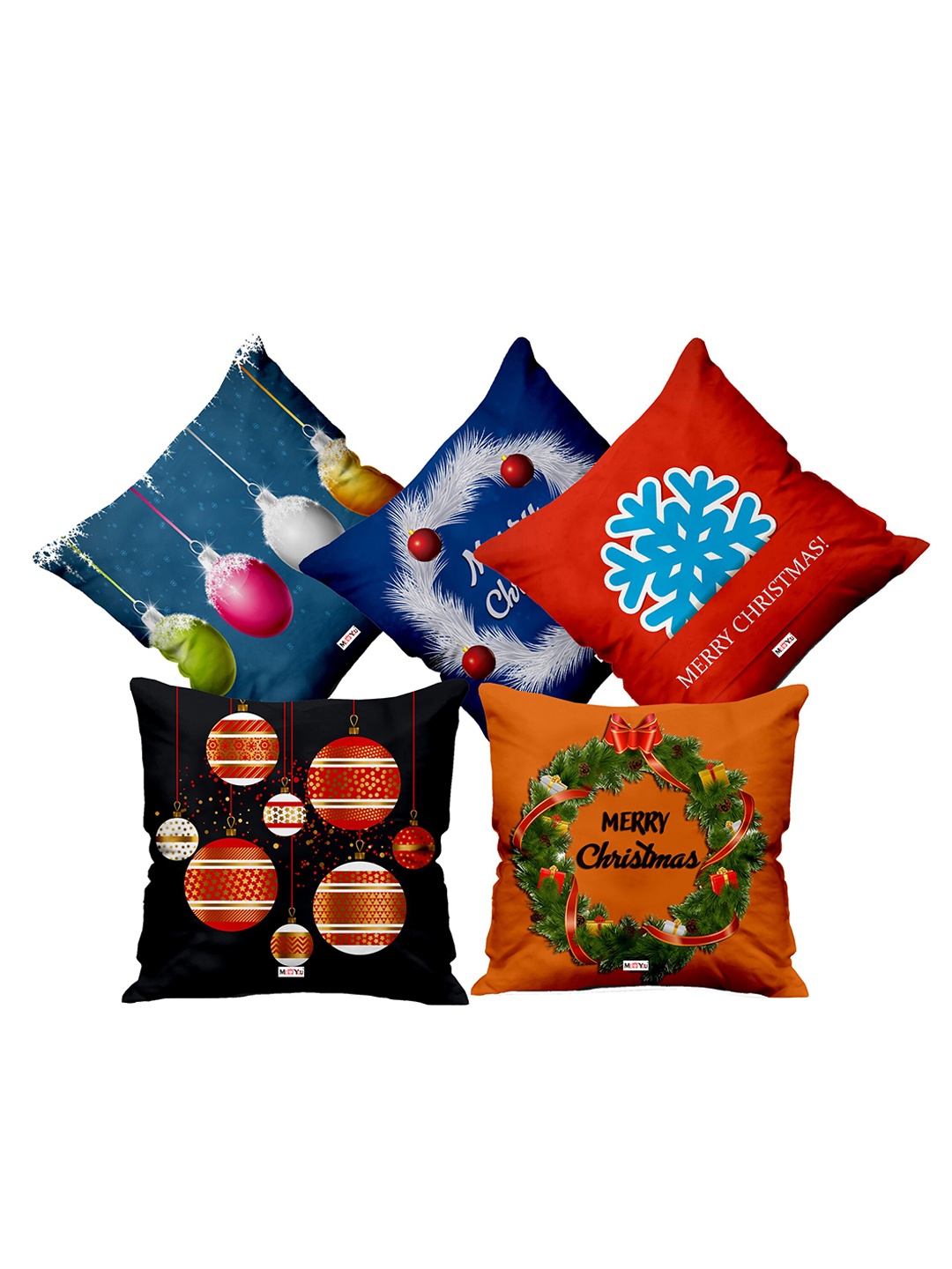

ME & YOU Blue & Red 5 Pieces Printed Square Fibre Pre Filled Christmas Cushions
