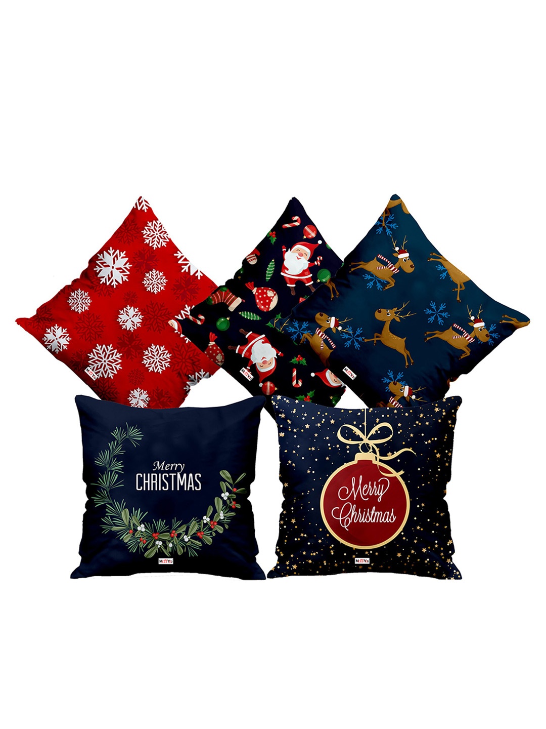 

ME & YOU Navy Blue & Red 5 Pieces Christmas Printed Fibre Filling Square Cushion