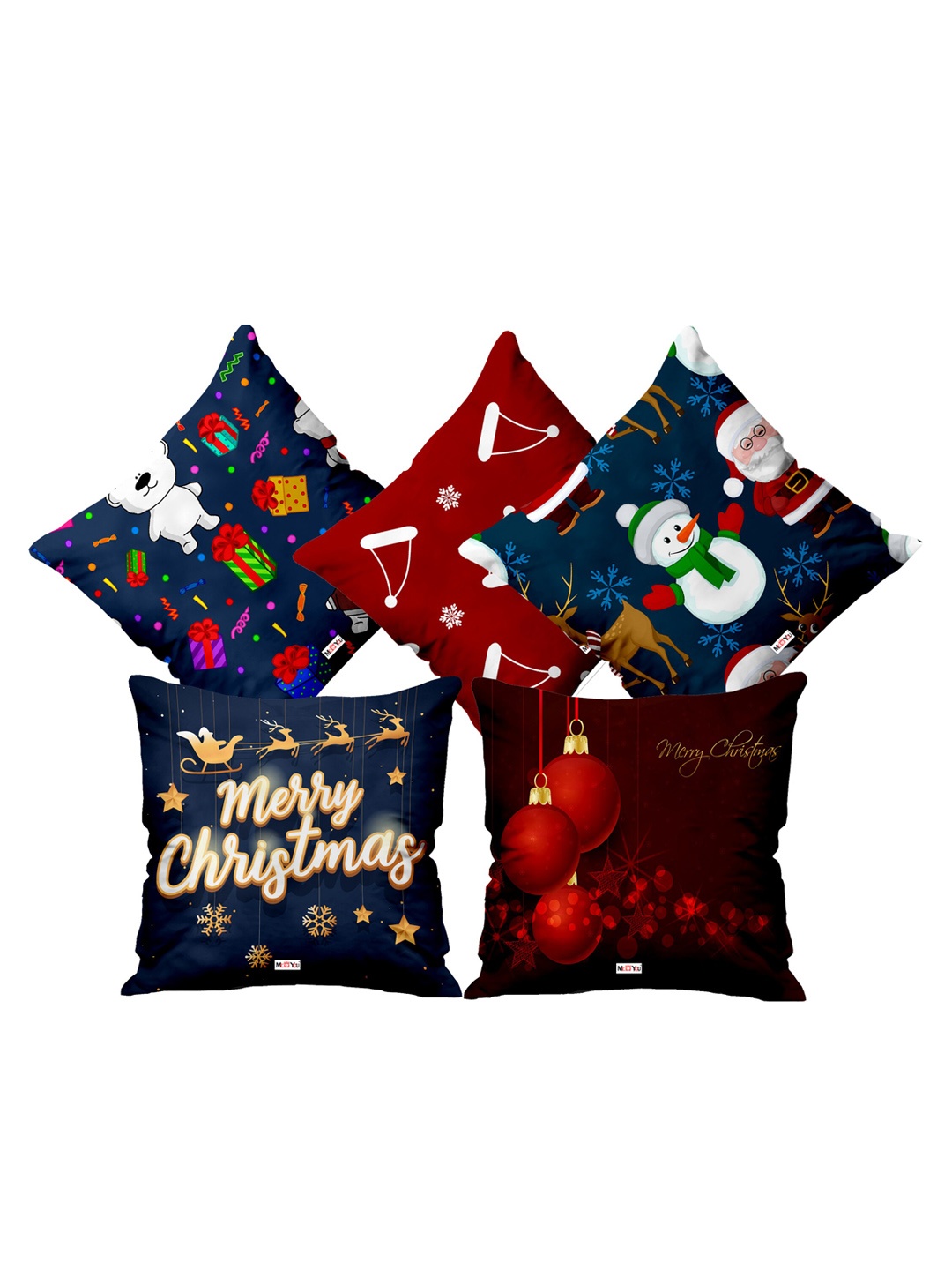 

ME & YOU Blue & Maroon 5 Pieces Christmas Printed Filled Cushions