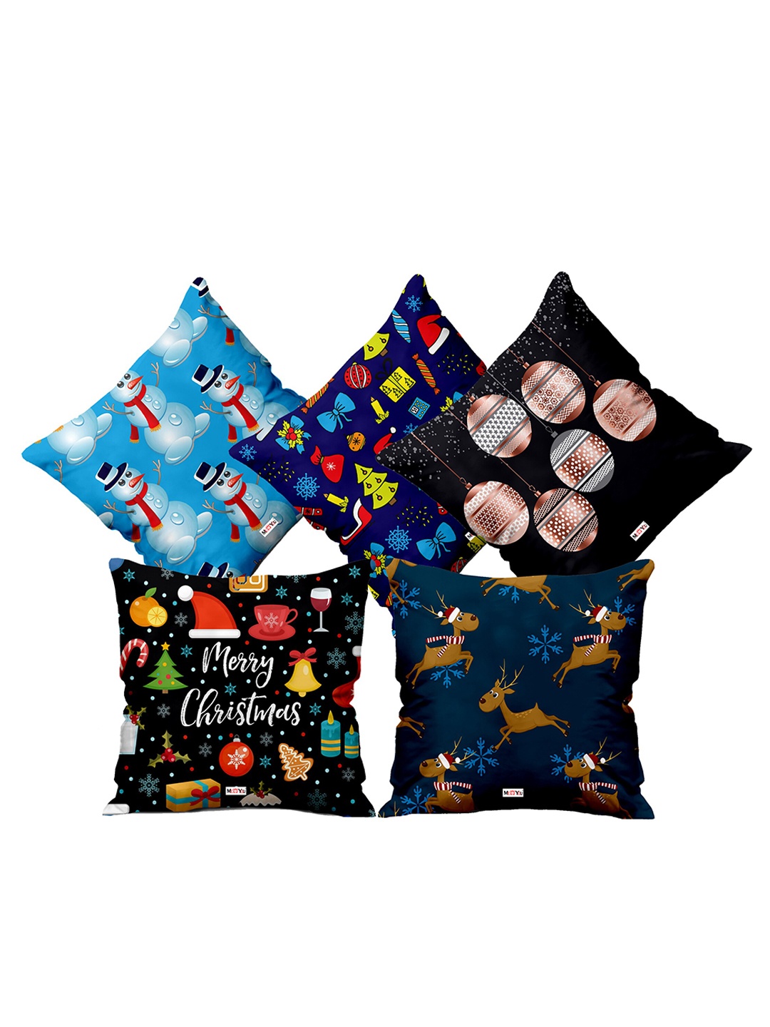 

ME & YOU Blue & Red 5 Pieces Christmas Decorative Square Fibre Pre Filled Cushion