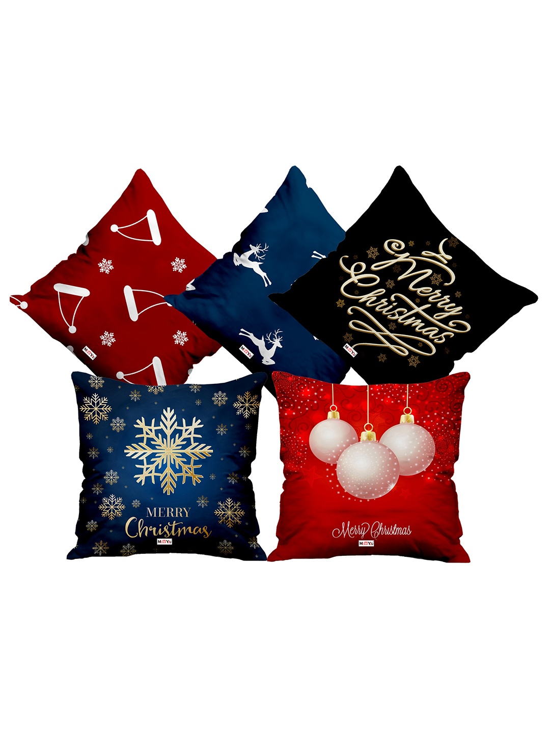 

ME & YOU Navy Blue & Red 5 Pieces Christmas Printed Fibre Filling Square Cushion