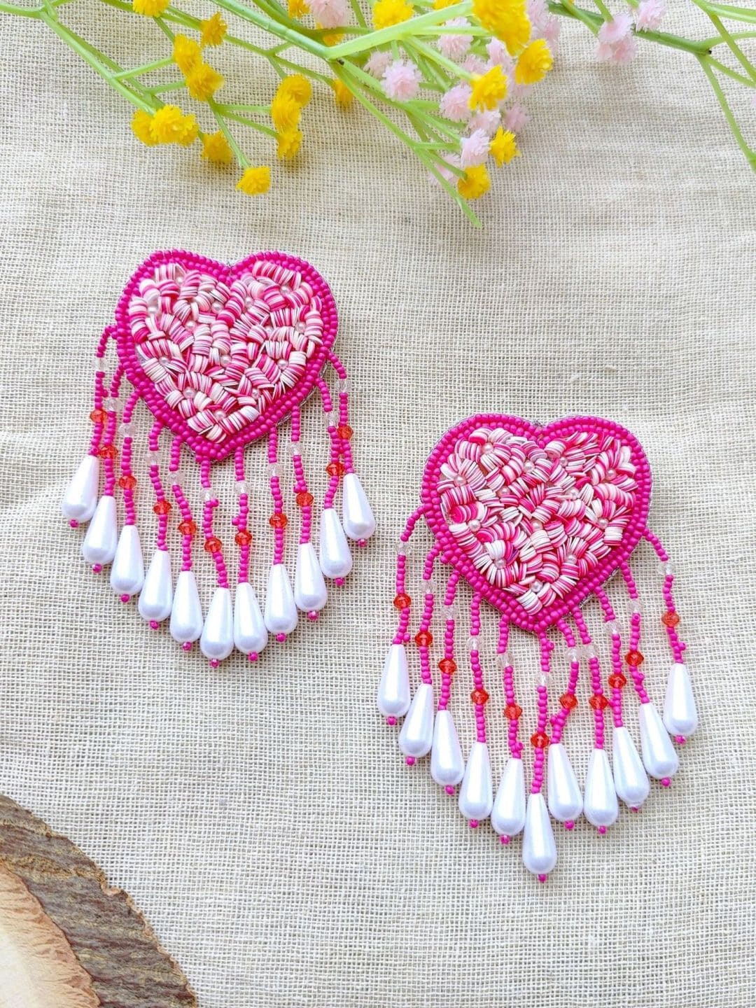 

Crunchy Fashion Pearls Beaded Heart Shaped Drop Earrings, Pink