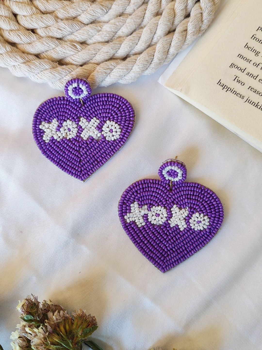 

Crunchy Fashion Beaded Heart Shaped Stud Earrings, Purple