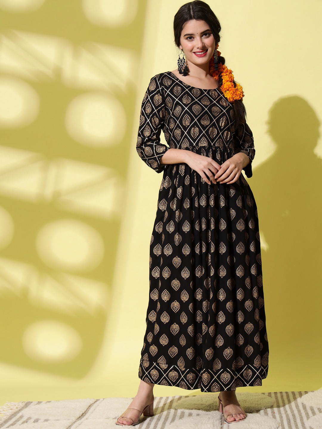 

AAYUMI Ethnic Motifs Printed Pleated Maxi Ethnic Dress, Black