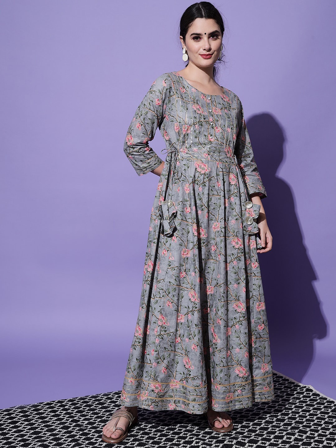 

AAYUMI Floral Printed Pure Cotton A-Line Ethnic Dress, Grey