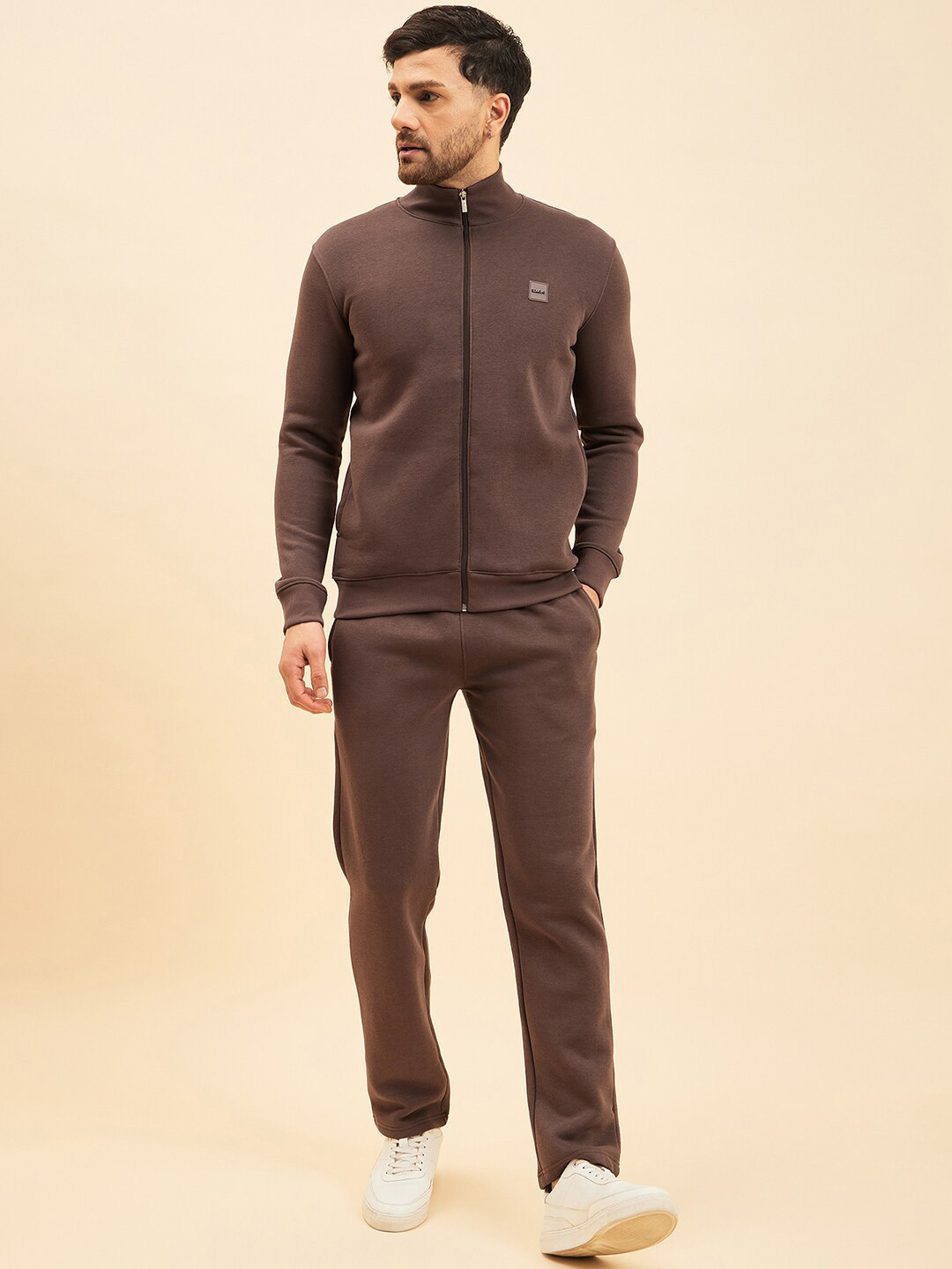 

Sweet Dreams Mock Collar Mid-Rise Fleece Tracksuits, Brown
