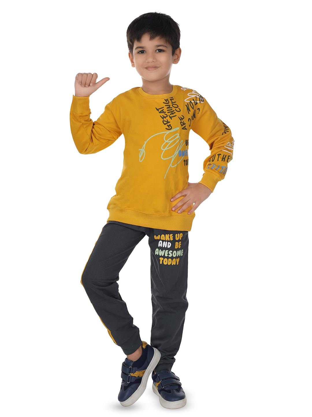 

Nottie Planet Boys Typography Printed Sweatshirt With Pyjamas, Mustard