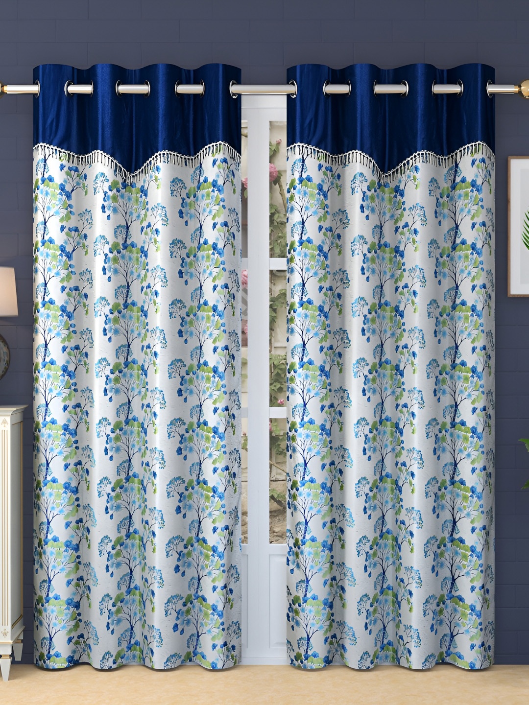 

Ville Style Blue & White 2Pcs Floral Room Darkening Long Door Curtains