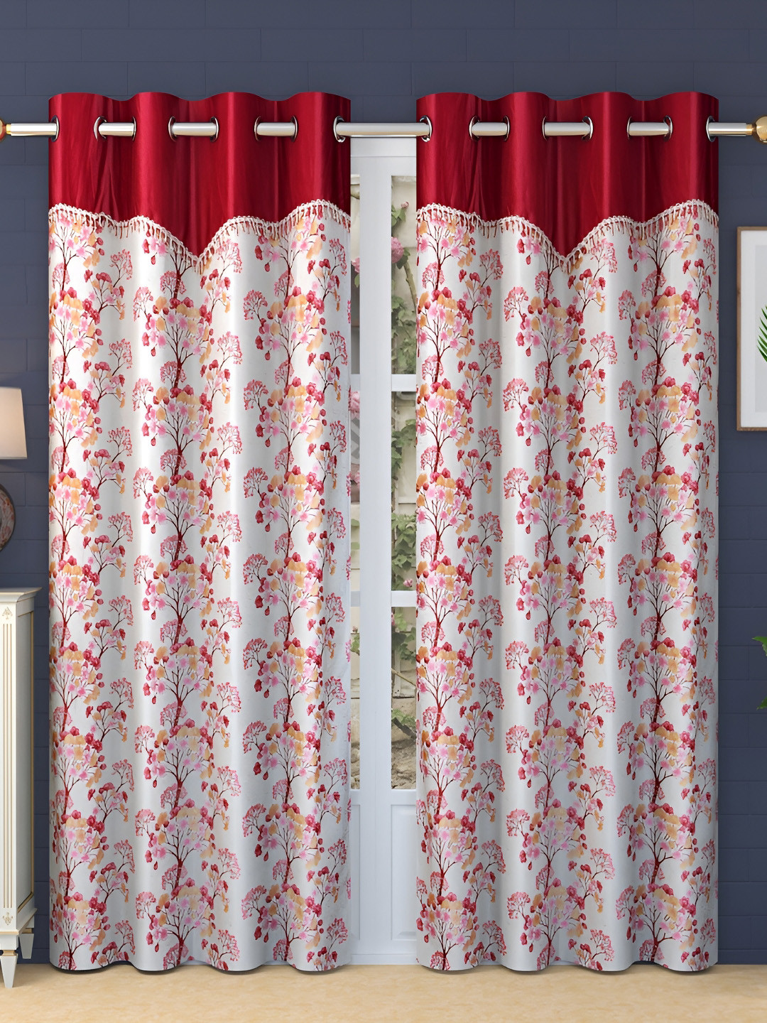 

Ville Style Maroon & White 2Pcs Floral Room Darkening Long Door Curtains