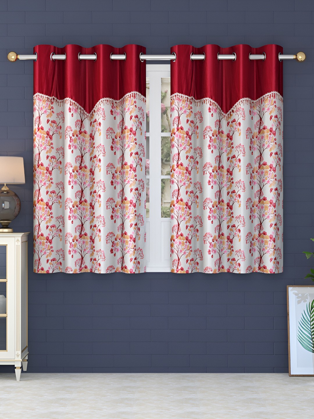 

Ville Style Maroon & White 2 Pcs Floral Room Darkening Window Curtains