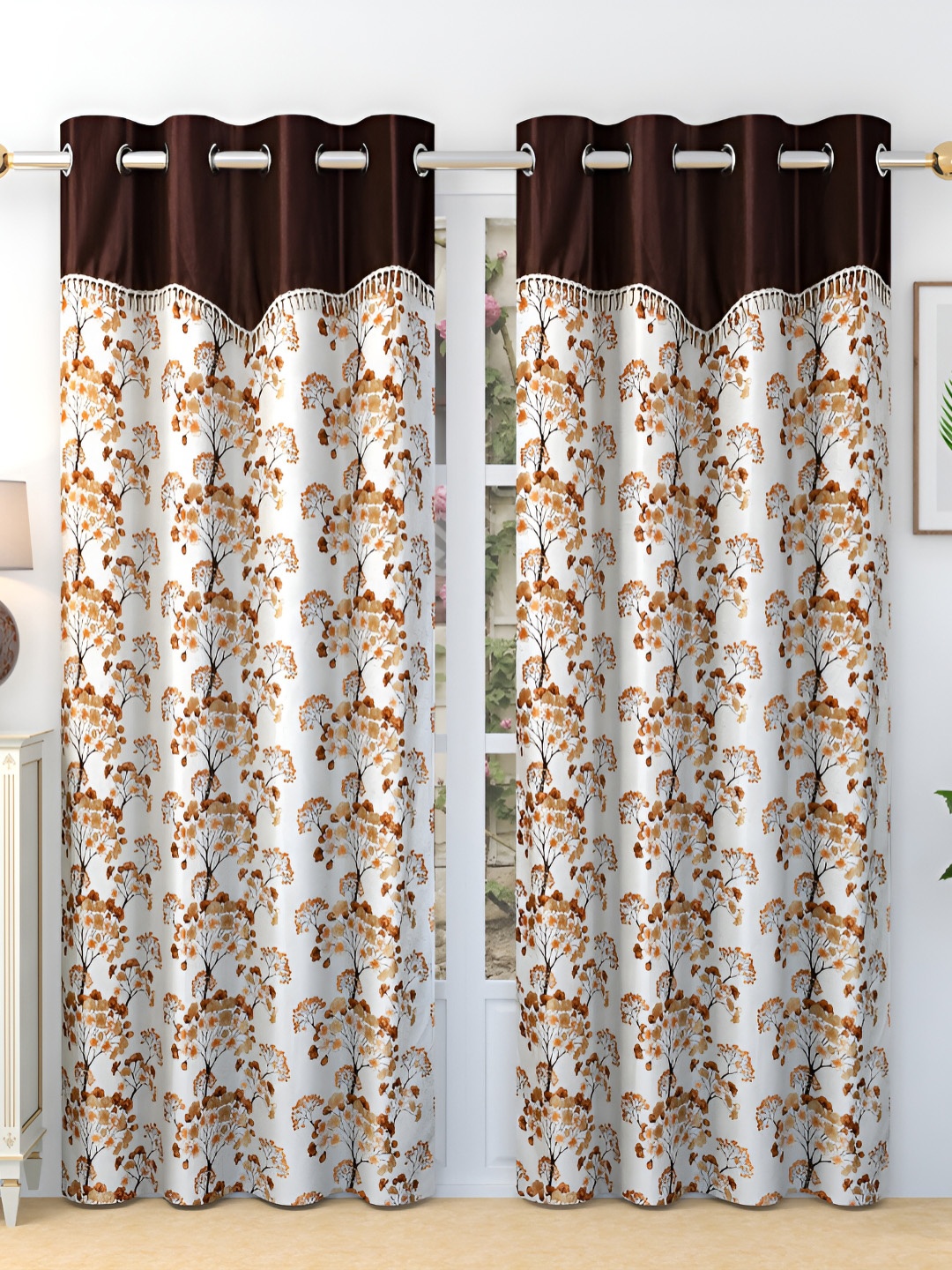 

Ville Style Brown & White 2 Pcs Floral Room Darkening Door Curtains