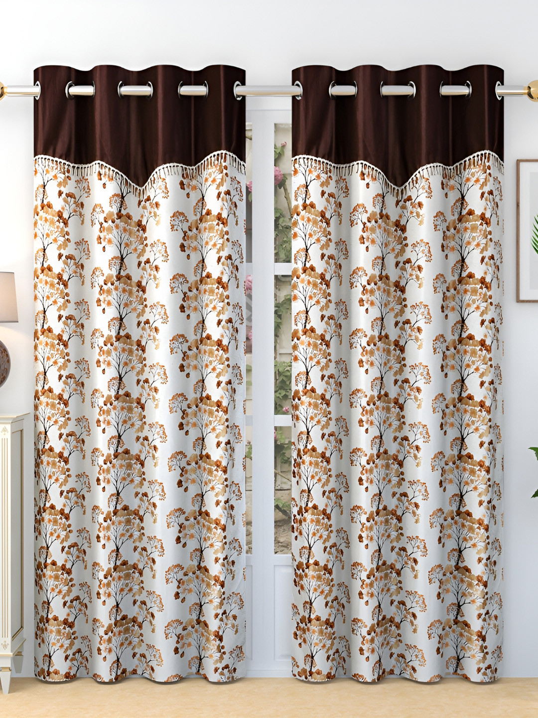 

Ville Style Brown & White 2Pcs Floral Room Darkening Long Door Curtains