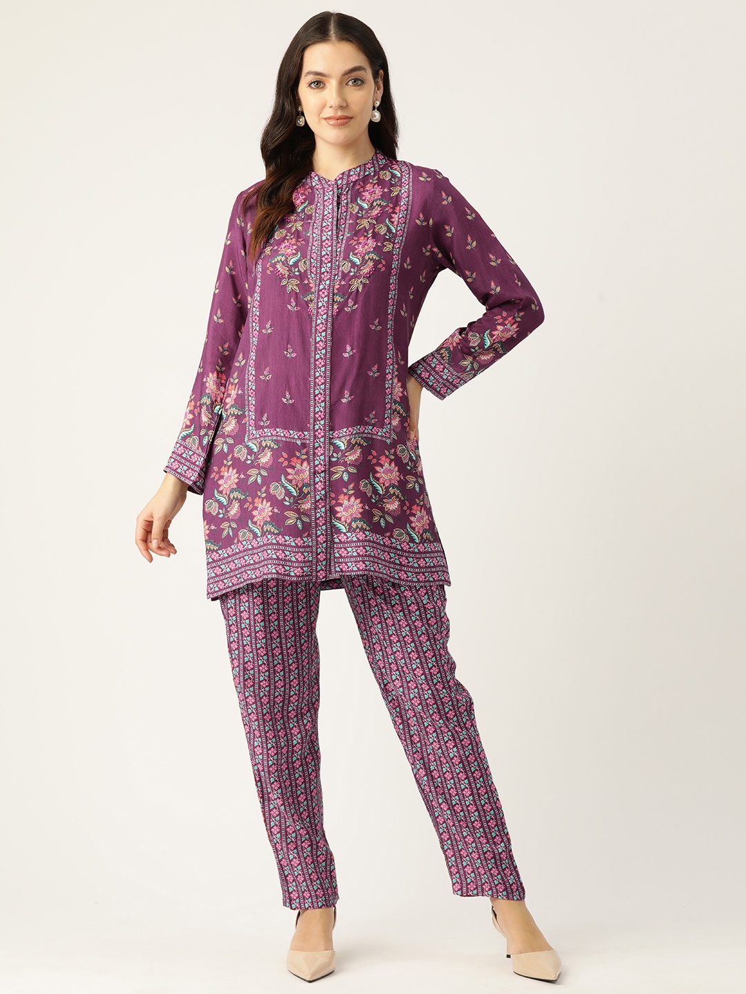 

ETC Floral Printed Mandarin Collar Sequinned Kurti with Trousers, Purple