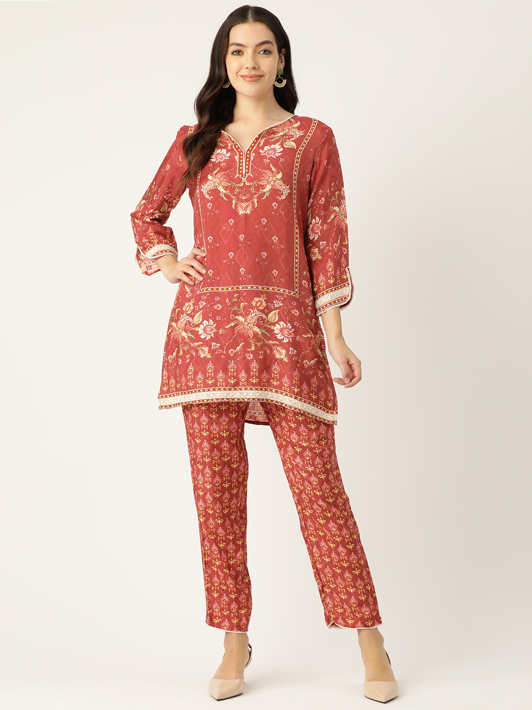 

ETC Floral Printed Sequinned Kurti with Trousers, Rust