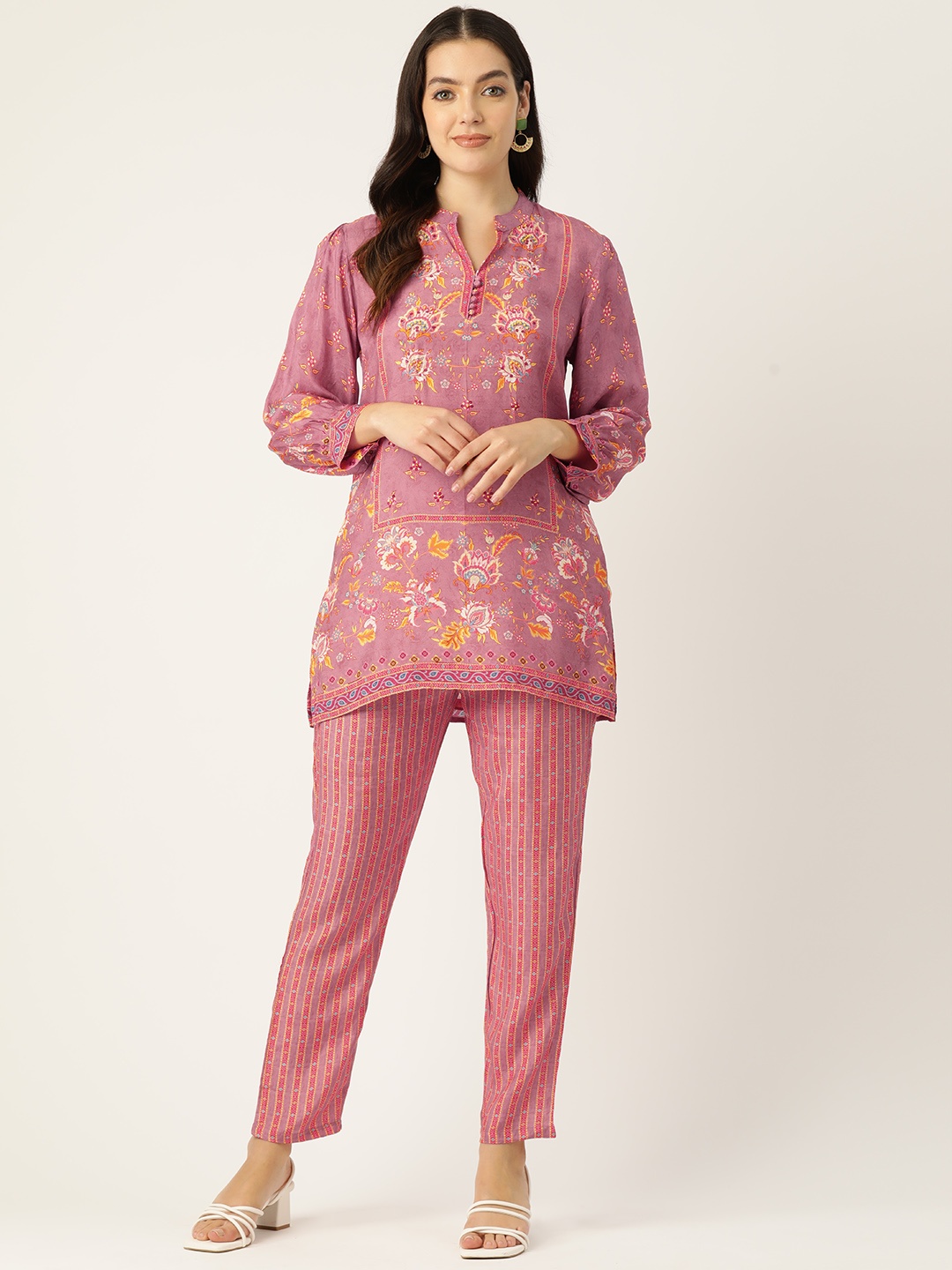 

ETC Floral Printed Sequinned Kurti with Trousers, Pink