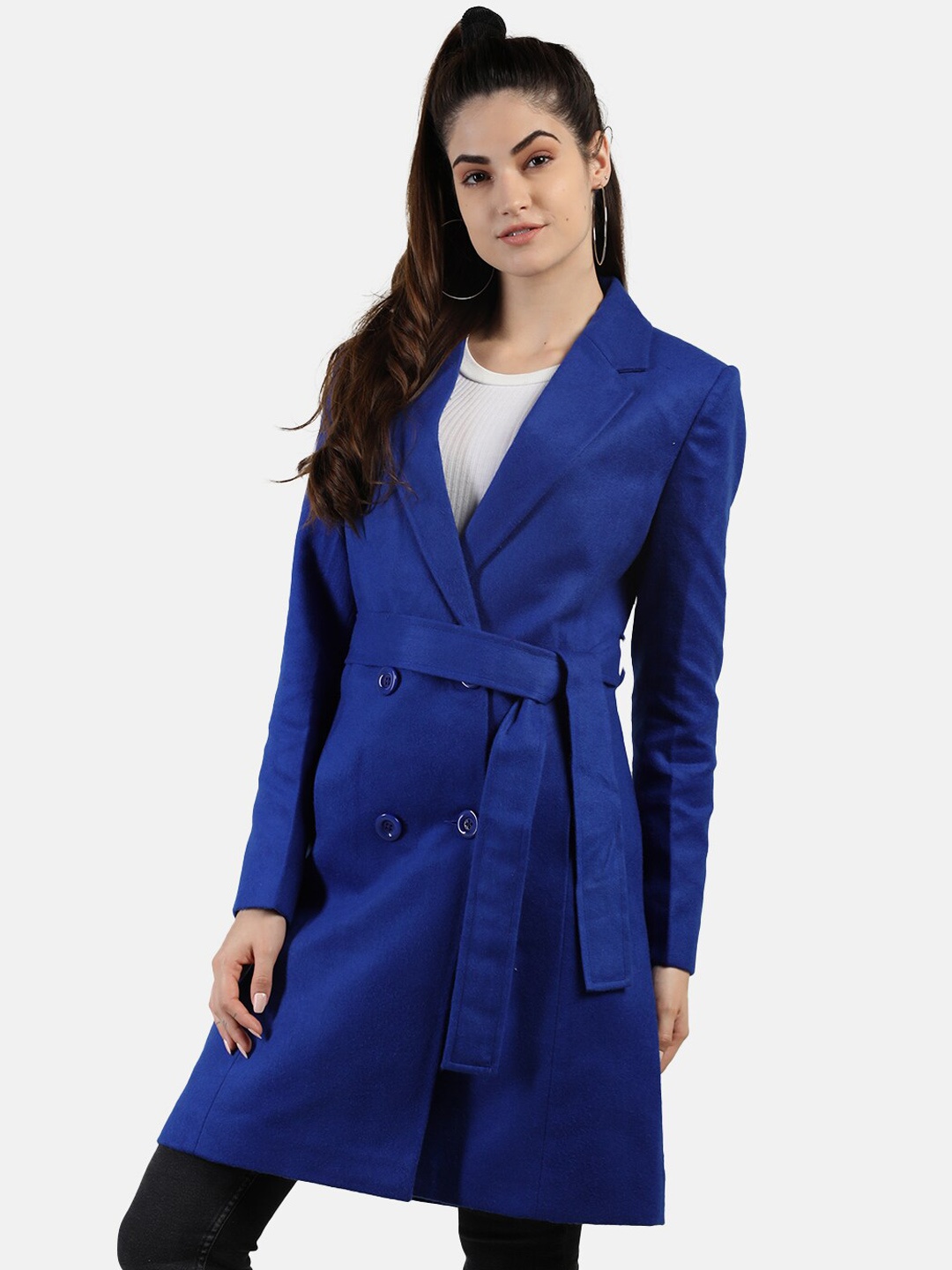 

Chemistry Notched Lapel Double Breasted Woollen Longline Trench Coat, Blue