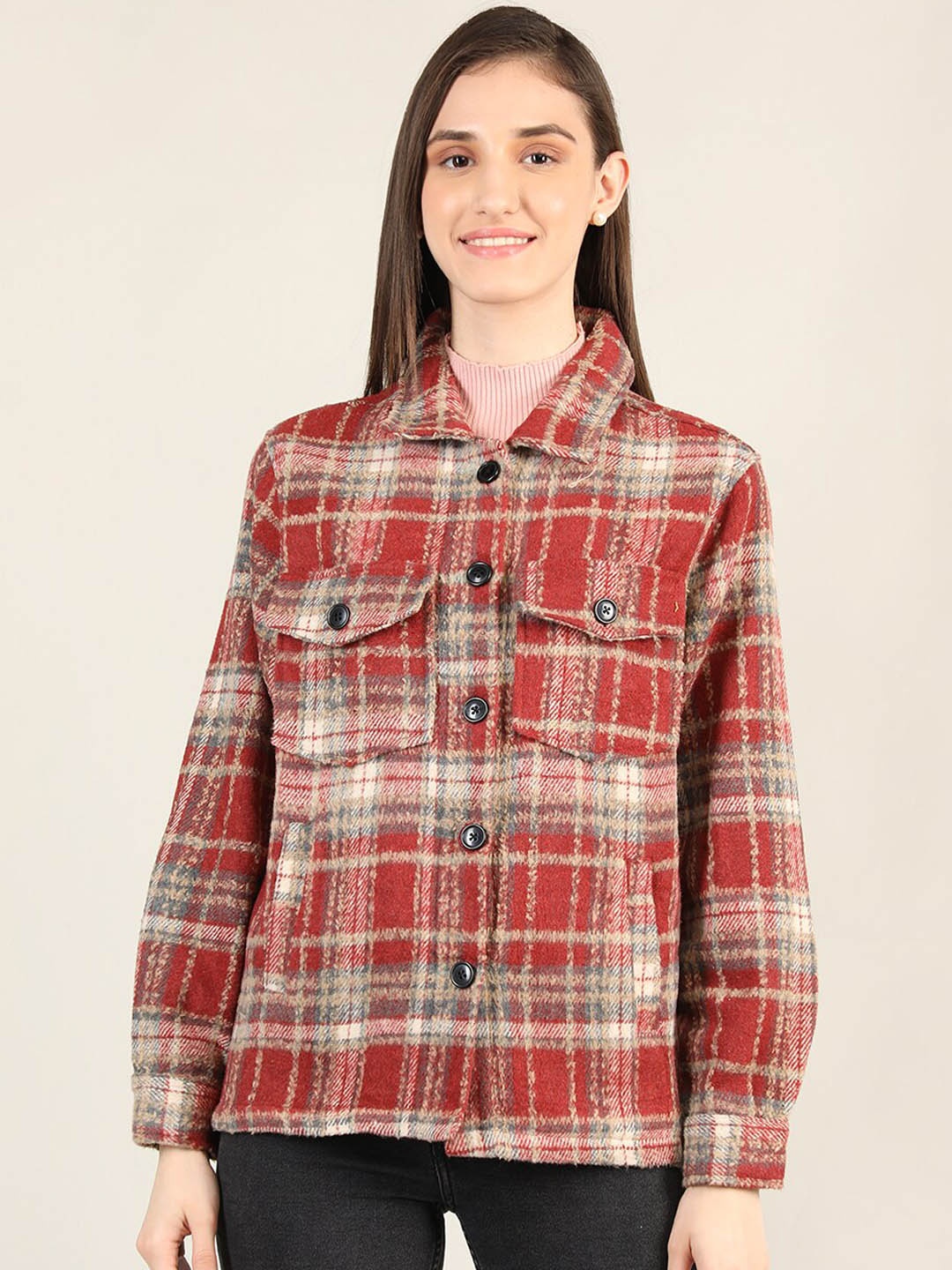 

Chemistry Tartan Checks Spread Collar Woollen Shacket, Maroon