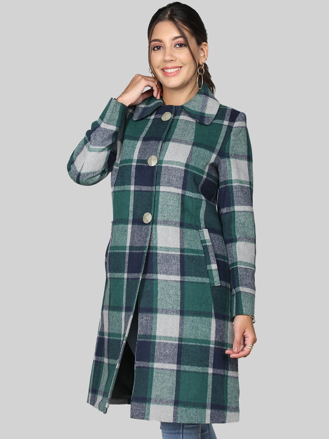 

Chemistry Checked Woollen Longline Overcoat, Green
