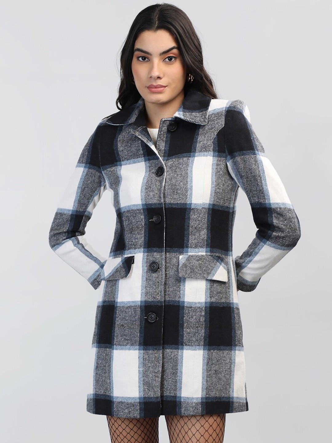 

Chemistry Checked Woolen Longline Overcoat, Blue