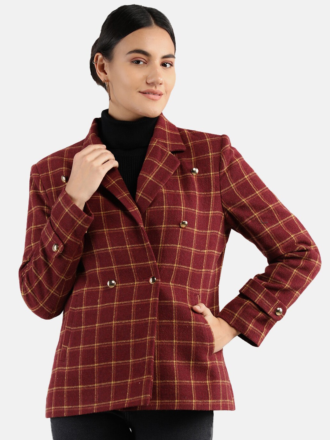 

Chemistry Checked Cotton Tailored Jacket With Studded, Maroon