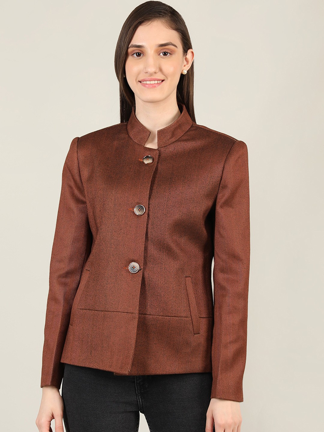 

Chemistry Self Design Mandarin Collar Cotton Tailored Jacket, Brown