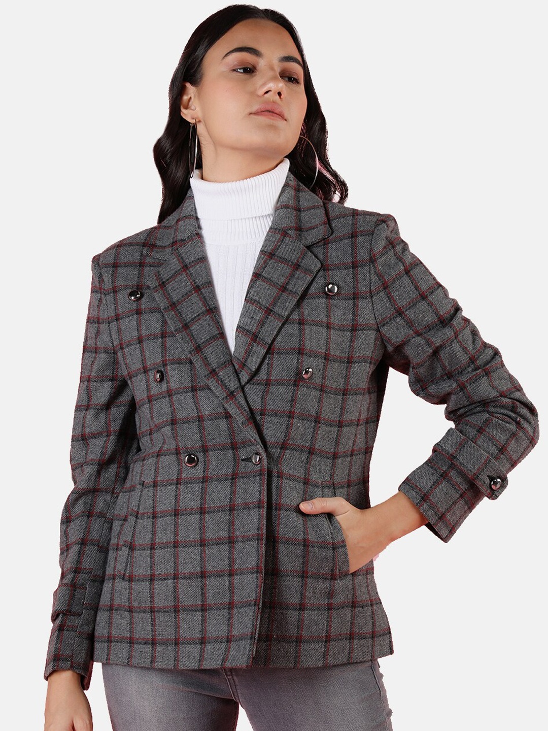 

Chemistry Checked Double Breasted Notched Lapel Cotton Blazer, Grey