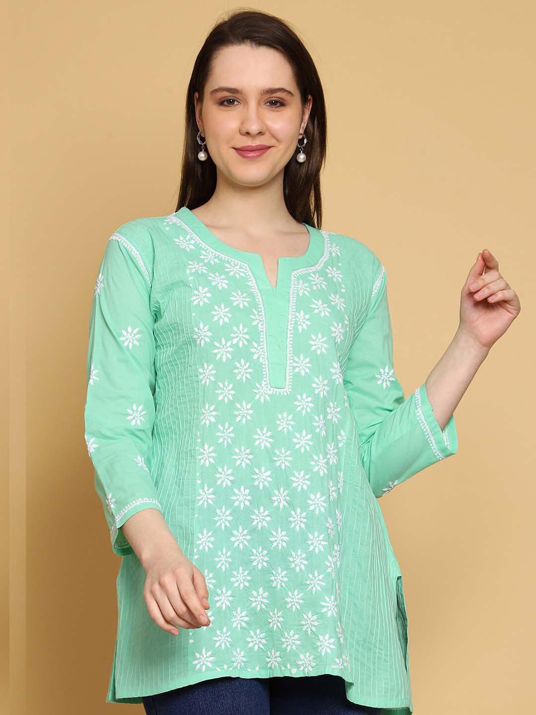 

ADA Ethnic Motifs Lucknowi Chikankari Embroidered Pure Cotton Kurti, Sea green