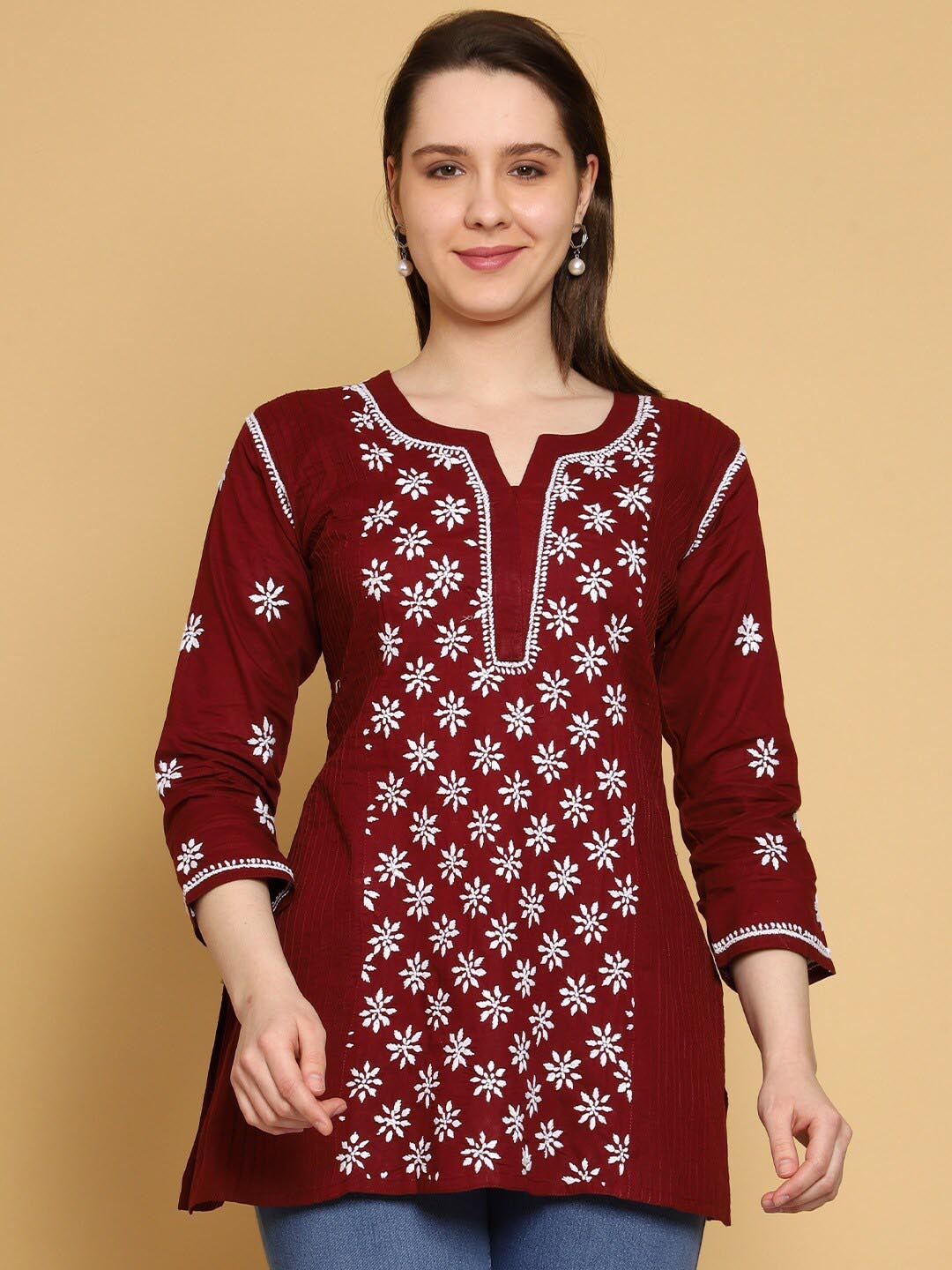 

ADA Ethnic Motifs Embroidered Lucknowi Chikankari Pure Cotton Thread Work Kurti, Maroon