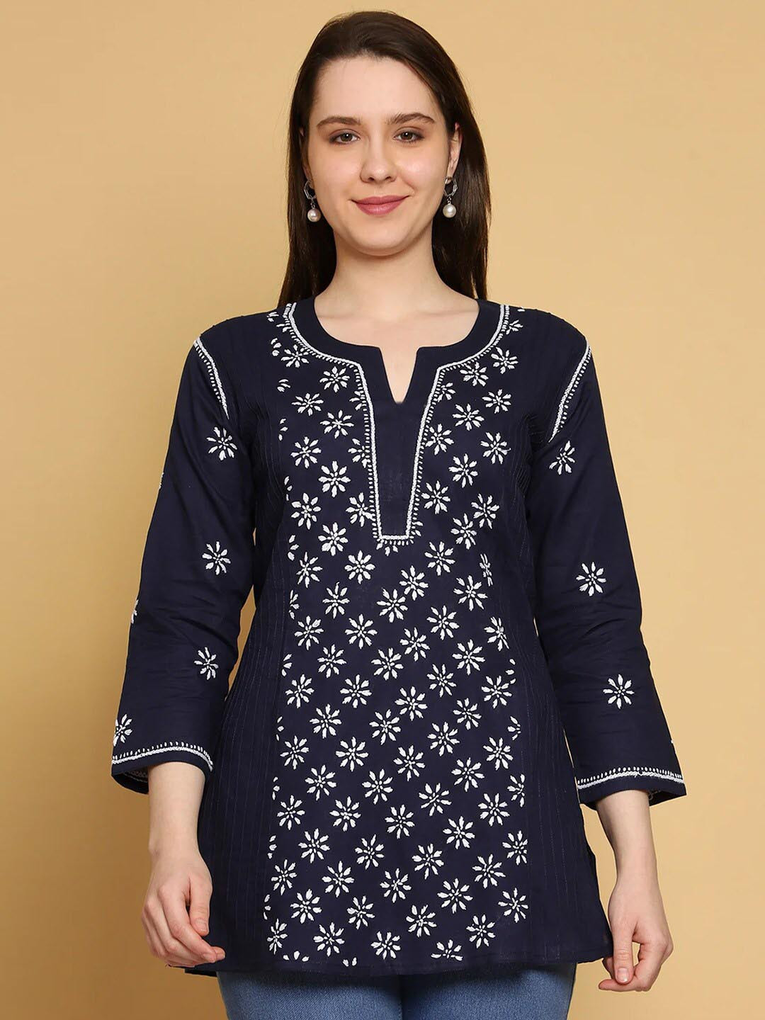 

ADA Ethnic Motifs Embroidered Thread Work Pure Cotton Thread Work Kurti, Navy blue