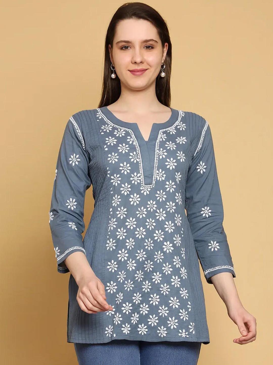 

ADA Ethnic Motifs Lucknowi Chikankari Embroidered Pure Cotton Kurti, Grey