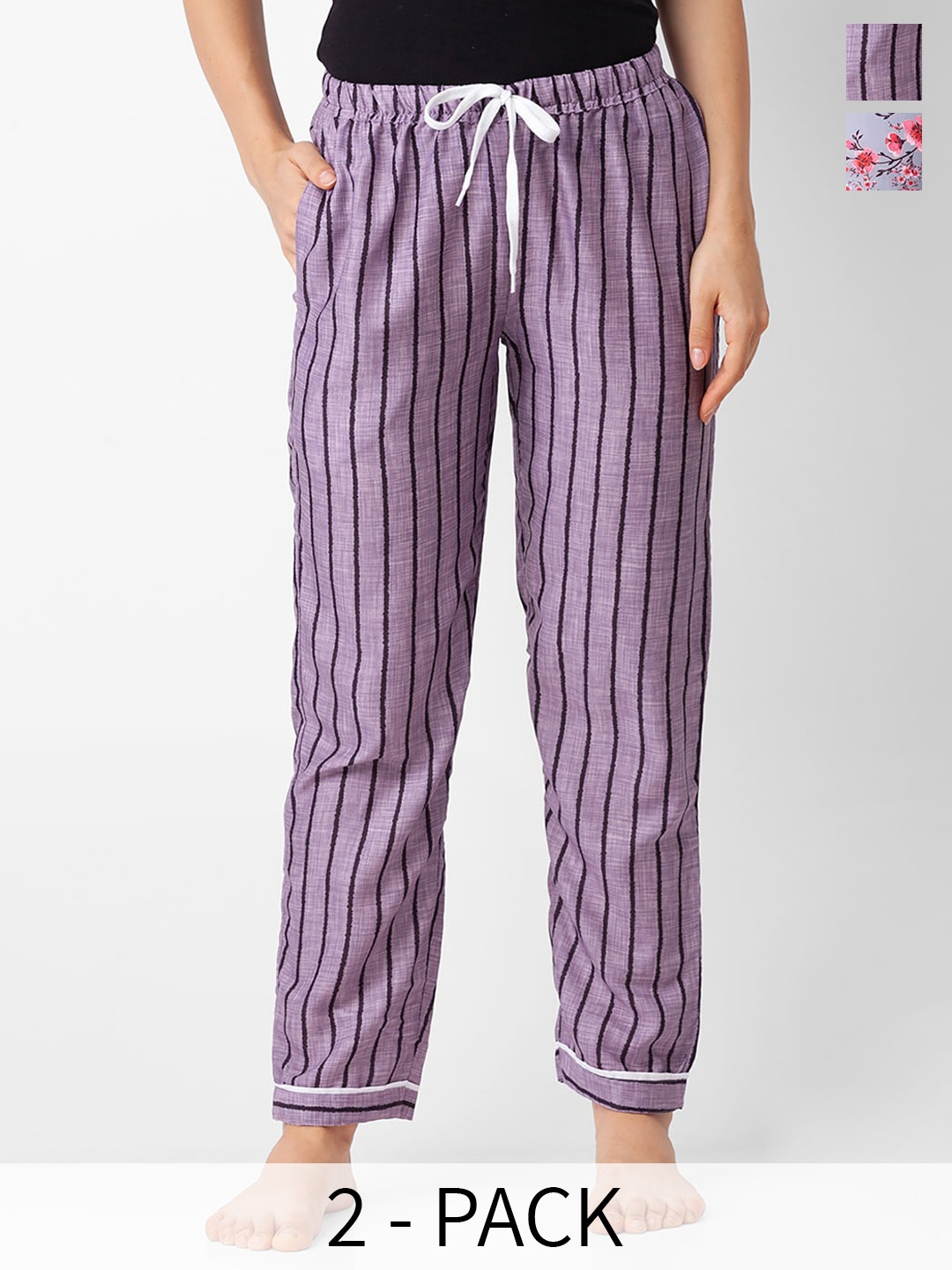 

NOIRA Women Pack Of 2 Striped Lounge Pants, Purple