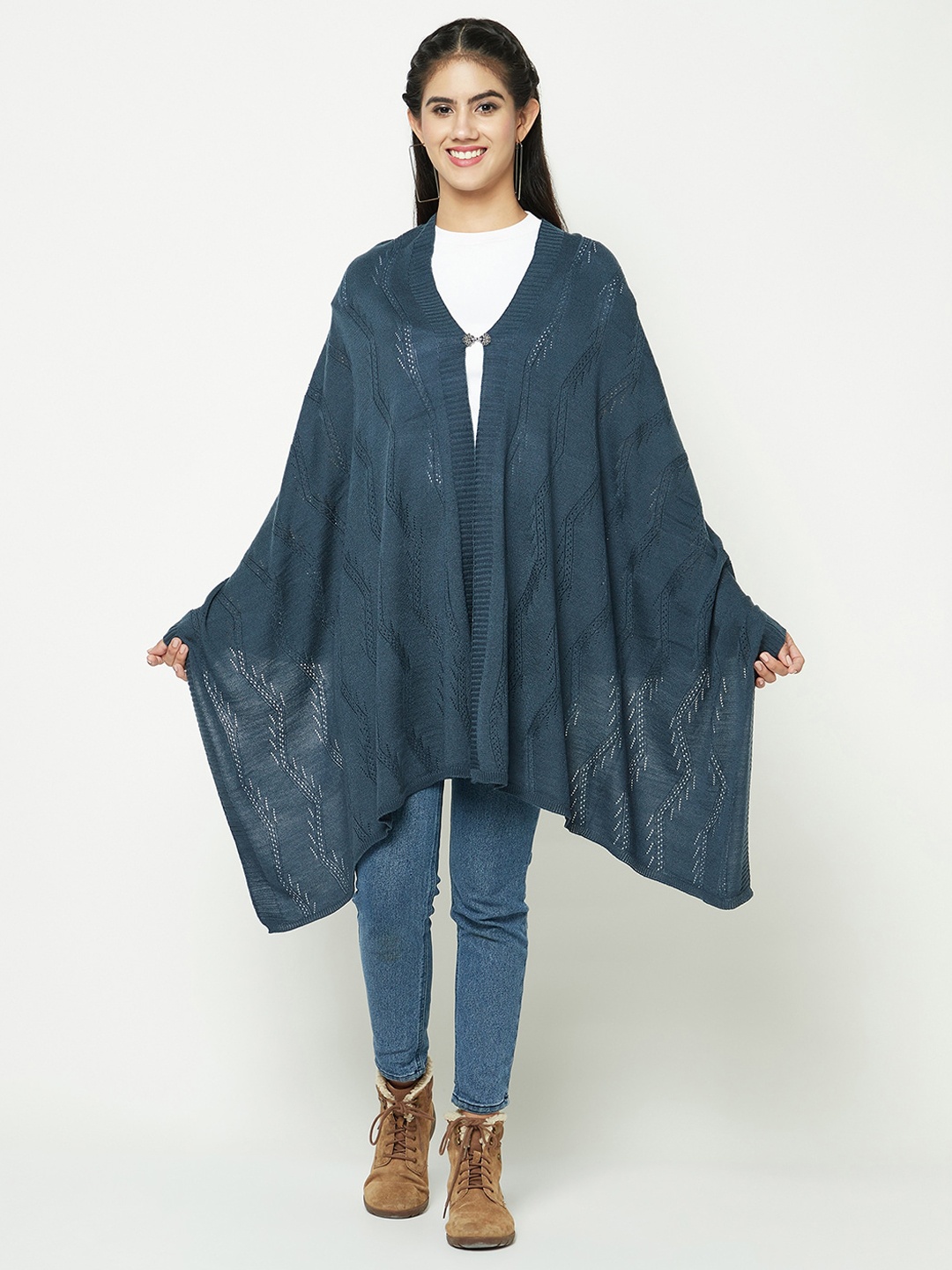 

Knitstudio Geometric Self Design Woolen Shawl, Teal
