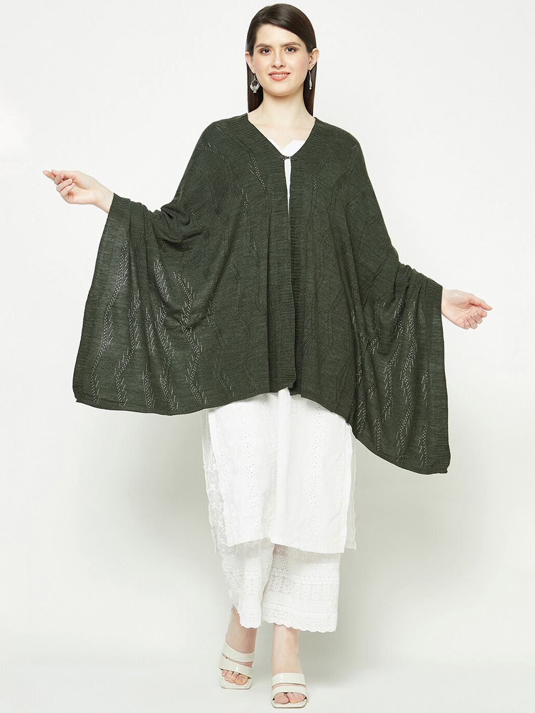 

Knitstudio Geometric Self Design Woolen Shawl, Olive