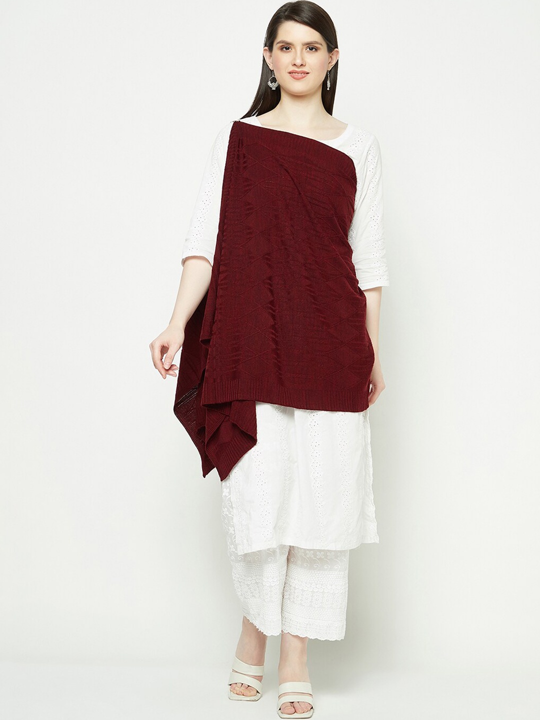 

Knitstudio Geometric Self Design Woolen Shawl, Maroon