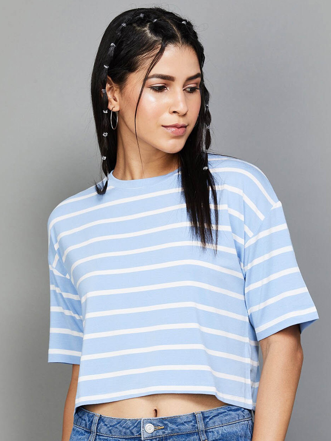 

Ginger by Lifestyle Striped Drop-Shoulder Sleeves Crop T-shirt, Blue