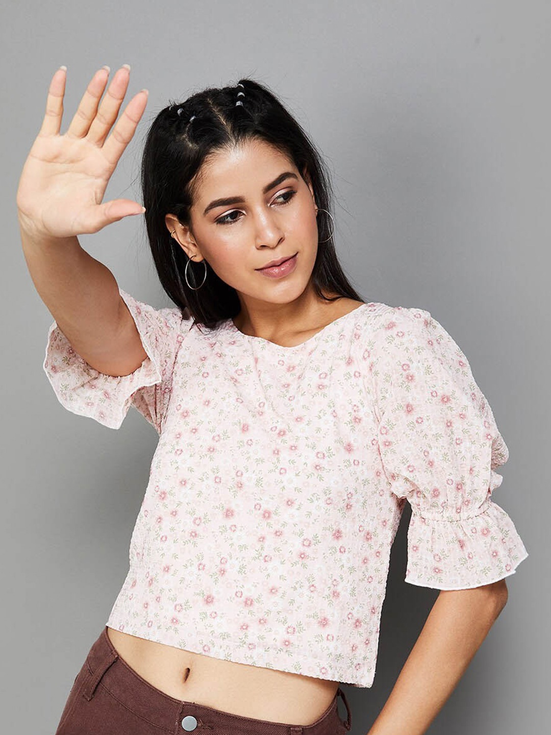 

Ginger by Lifestyle Floral Printed Boat Neck Puff Sleeves Regular Top, Pink