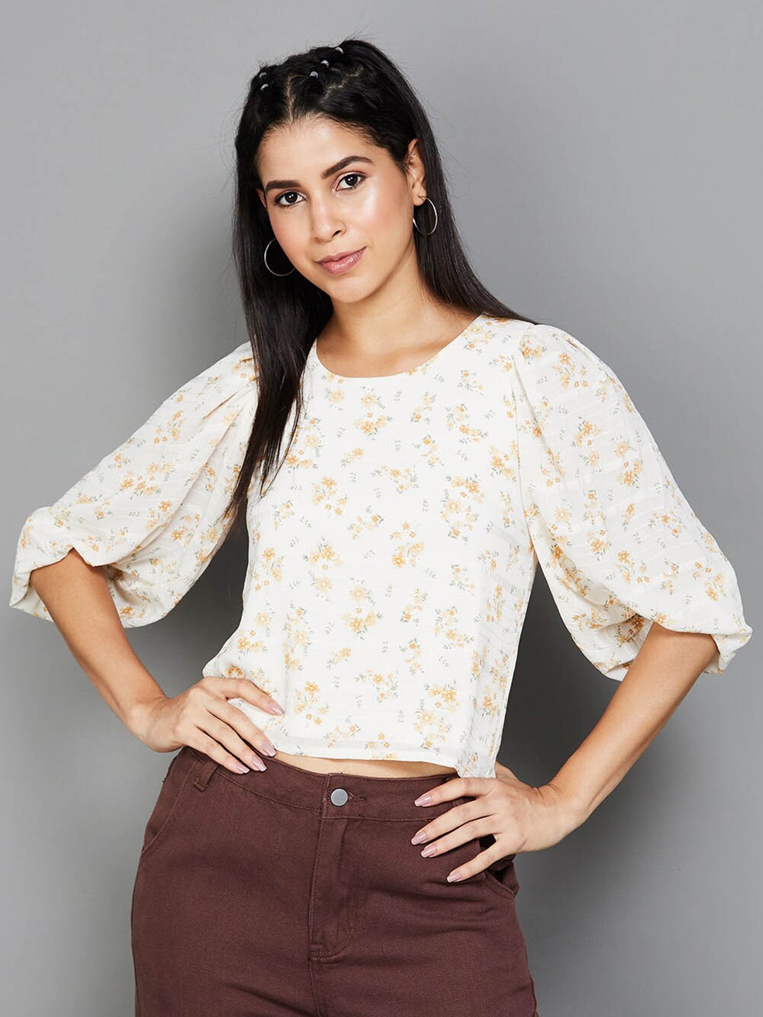 

Ginger by Lifestyle Floral Printed Puff Sleeves Crop Top, White