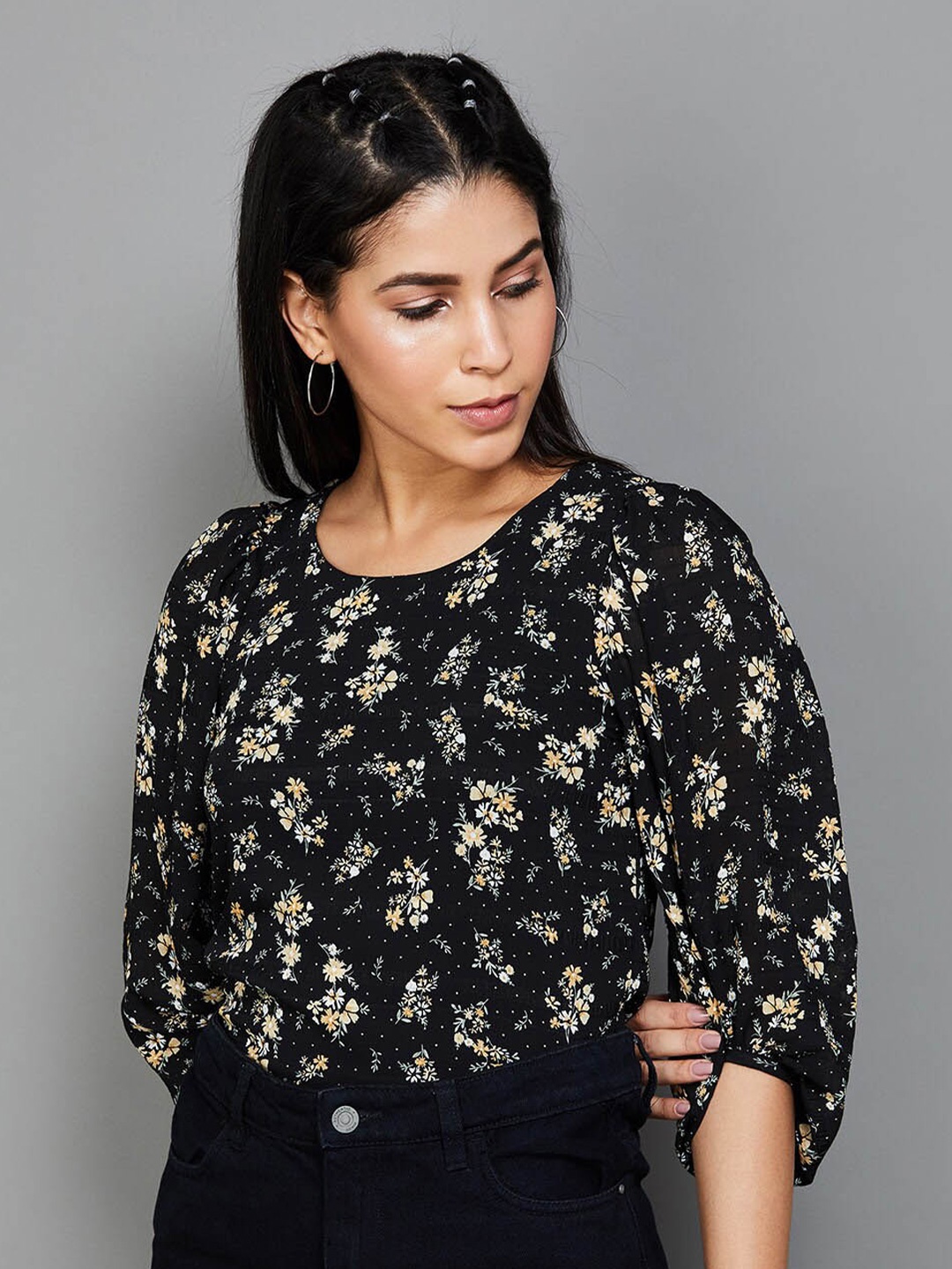 

Ginger by Lifestyle Floral Printed Regular Top, Black