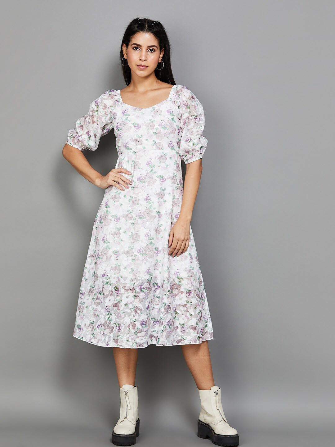 

Ginger by Lifestyle Floral Printed Puff Sleeves A-Line Midi Dress, White