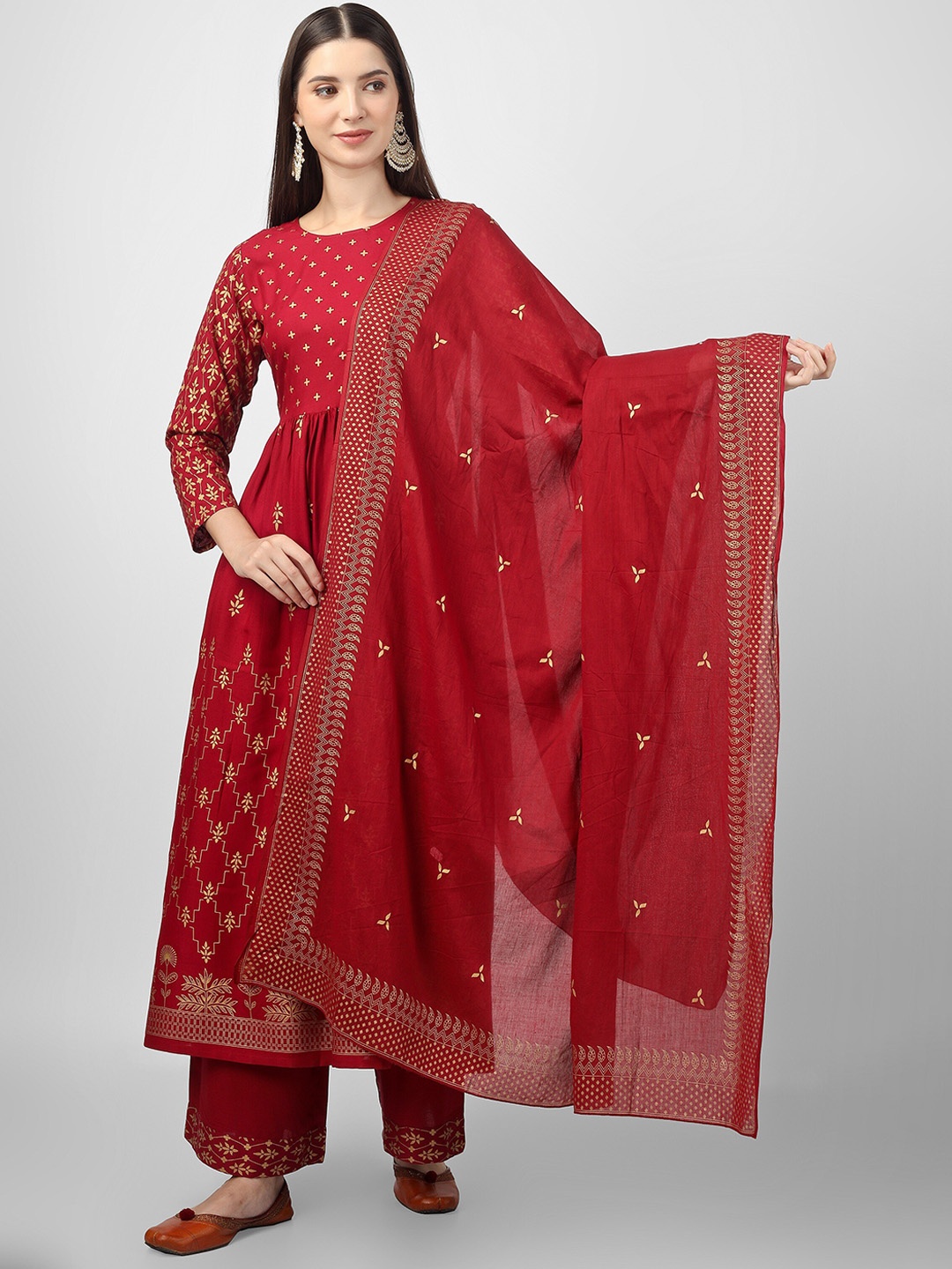 

BAESD Ethnic Motifs Printed Pleated Anarkali Kurta With Palazzo & Dupatta, Maroon