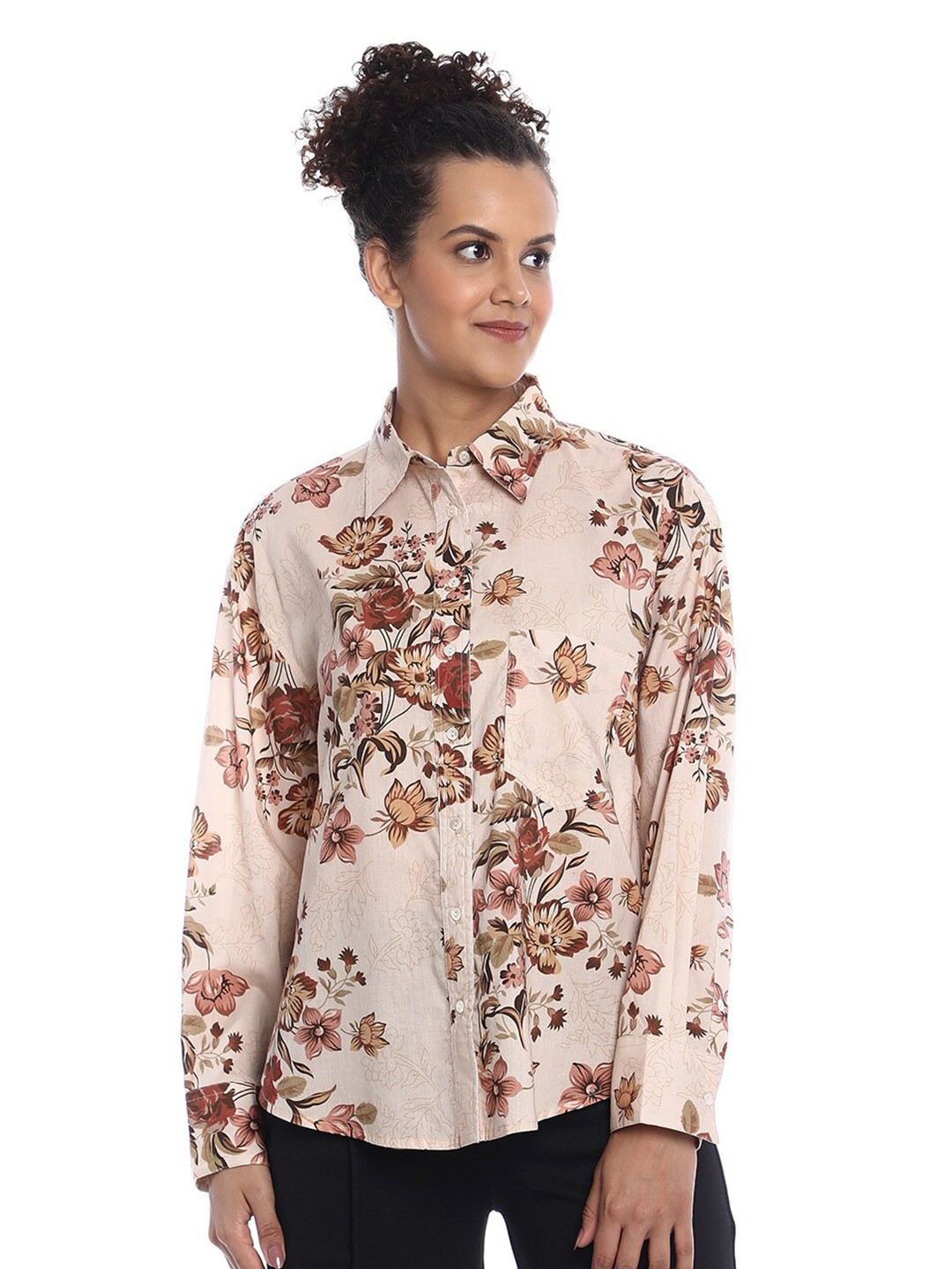 

Gazillion Contemporary Floral Printed Oversized Pure Cotton Casual Shirt, Beige
