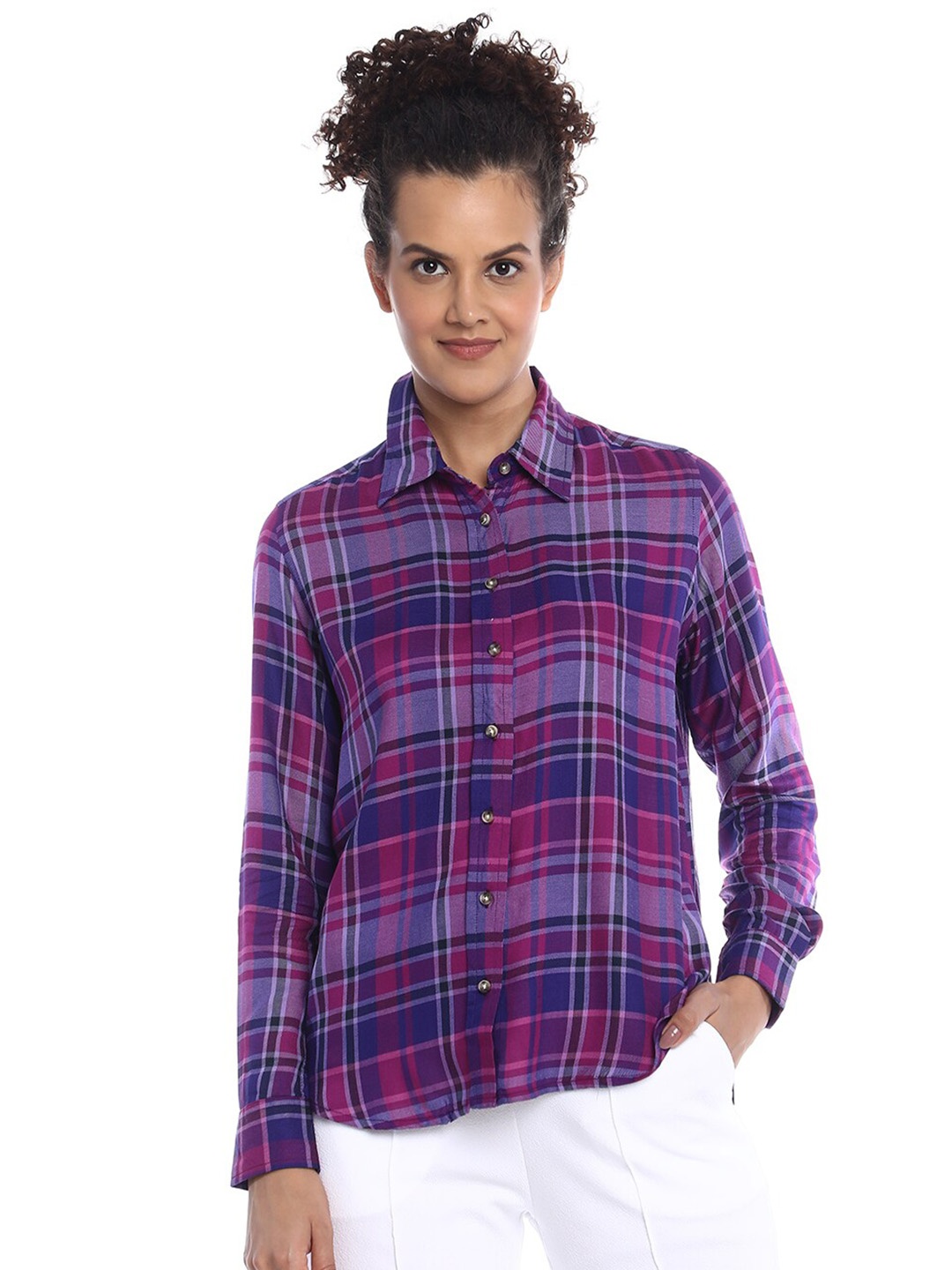 

Gazillion Comfort Tartan Twill Checked Spread Collar Casual Shirt, Purple