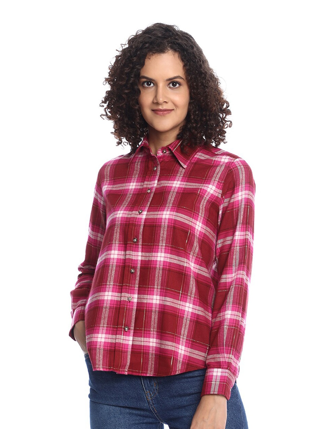 

Gazillion Comfort Tartan Twill Checked Spread Collar Casual Shirt, Pink