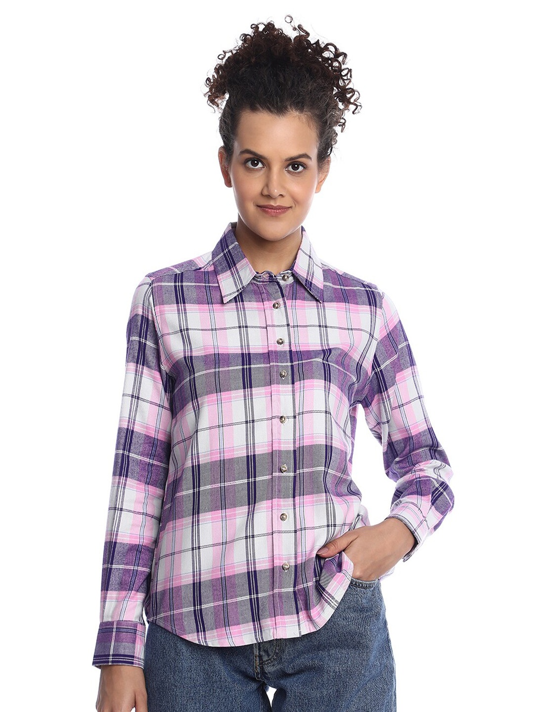 

Gazillion Comfort Tartan Twill Checked Spread Collar Casual Shirt, Purple