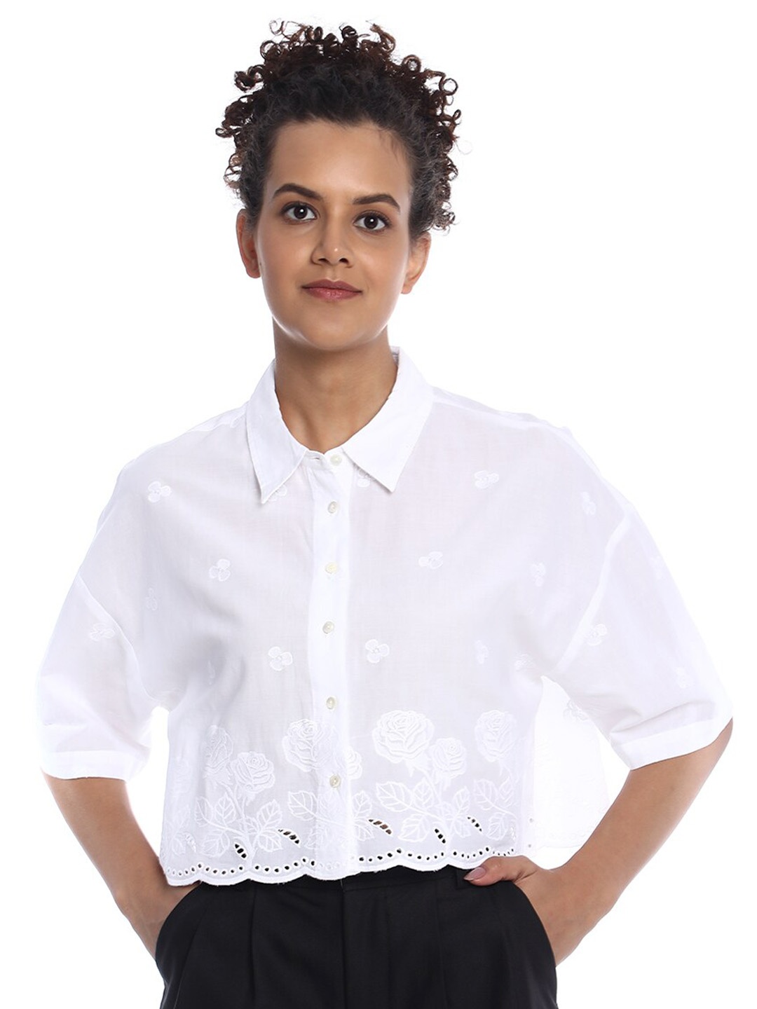 

Gazillion Floral Embroidered Schiffli Edgy Boxy Pure Cotton Cropped Casual Shirt, White